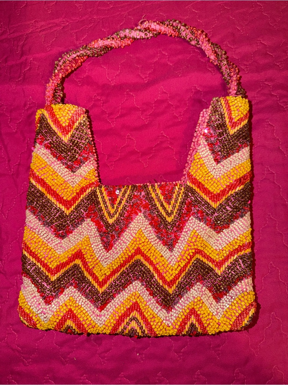 Beaded Chevron Pattern Shoulder Bag in Pink, Yellow & Brown